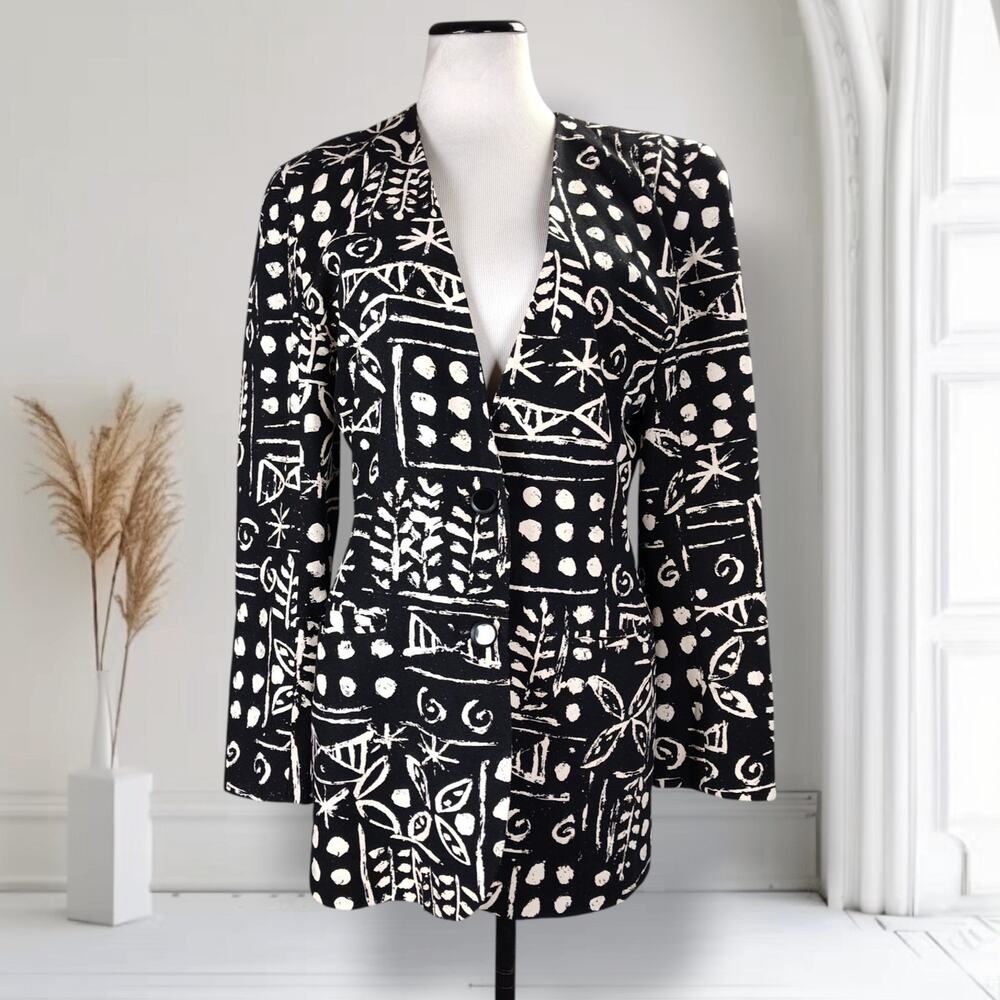 Vintage Georgiou Longline Silk Blazer 8 Abstract Art Print Jacket Minimalist